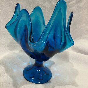 Vintage Viking Art Glass Epic 6 Petal Handkerchief Pedestal Vase - Blue